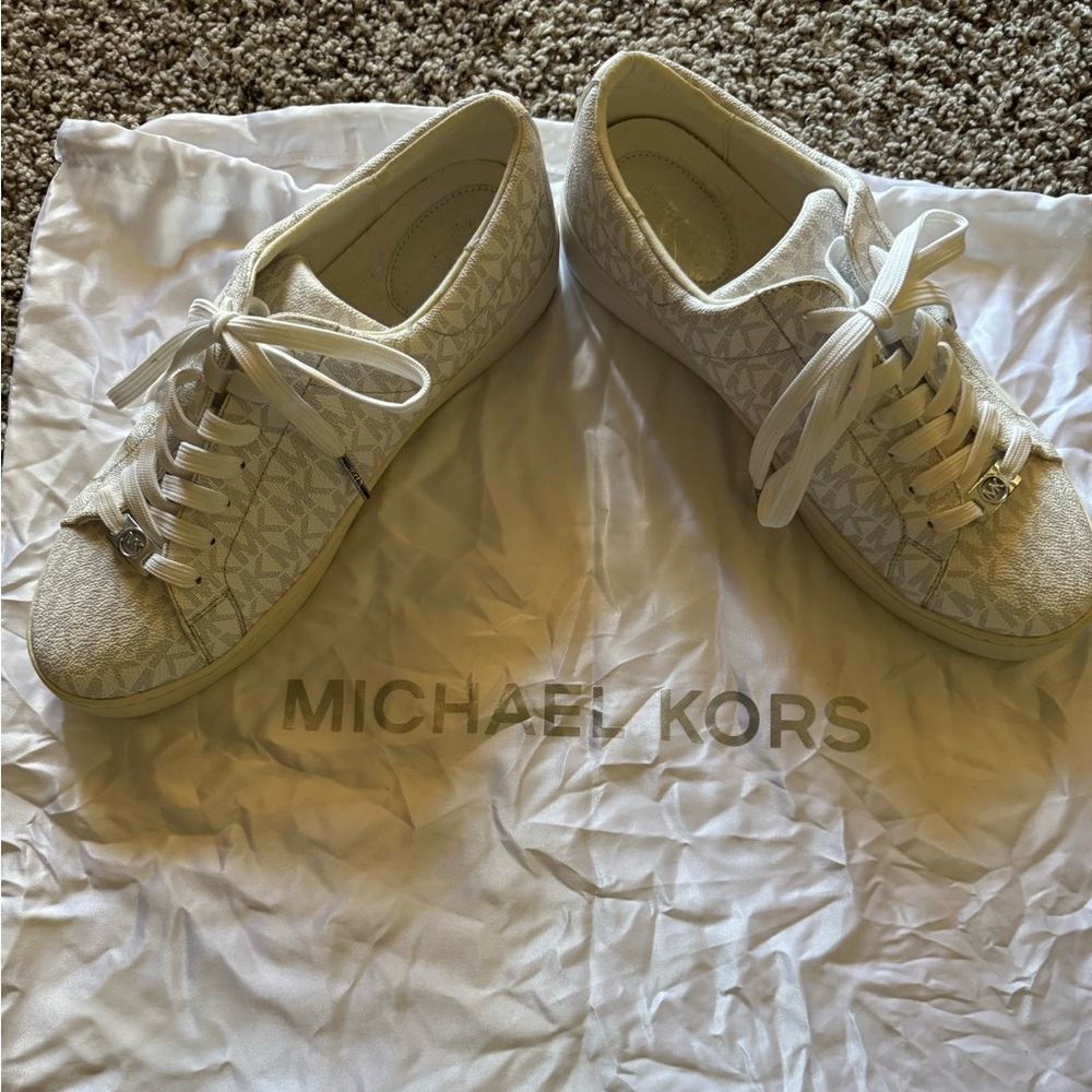 Michael Kors Monogrammed White and Silver Sneakers